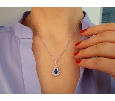 Sirius Pırlanta Damla-Yuvarlak Kesim Safir Taşlı 14 Ayar Altın Pırlanta Kolye 42 Cm