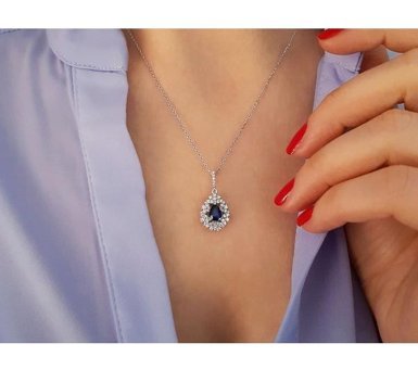 Sirius Pırlanta Damla-Yuvarlak Kesim Safir Taşlı 14 Ayar Altın Pırlanta Kolye 42 Cm
