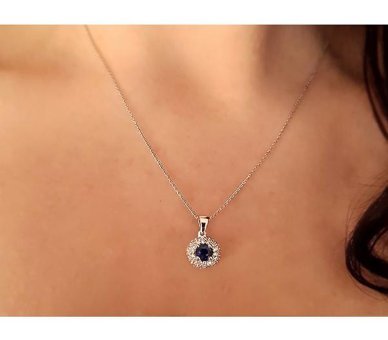 Sirius Pırlanta 0.30 Karat Yuvarlak Kesim Safir Taşlı 18 Ayar Altın Pırlanta Kolye 42 Cm
