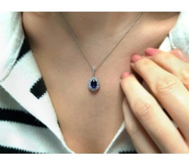 Sirius Pırlanta 0.37 Karat Yuvarlak Kesim Safir Taşlı 14 Ayar Altın Pırlanta Kolye 42 Cm