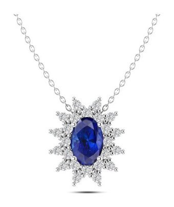 Silvanit Pırlanta 0.52 Karat Oval - Yuvarlak Kesim Safir Taşlı 14 Ayar Altın Pırlanta Kolye
