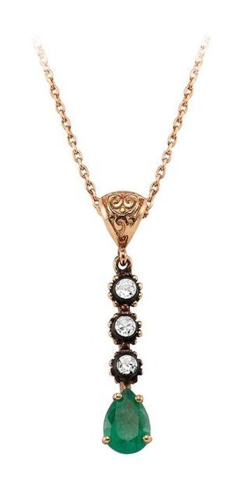 Sirius Pırlanta 0.08 Karat Damla Kesim Beyaz-Yeşil Taşlı Zümrüt Taşlı Altın Elmas Kolye 42 cm