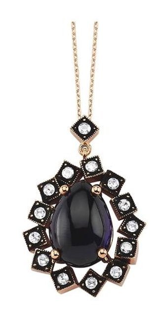 Lilarote 0.5 Karat Oval Kesim Beyaz-Siyah Taşlı Bluestone Altın Elmas Kolye 45 cm