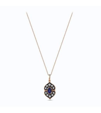 Altınbaş 0.012 Karat Yuvarlak Kesim Beyaz-Mavi Taşlı Safir Taşlı Sertifikalı Altın Elmas Kolye 42 cm