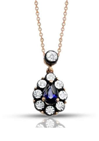 Lilarote 0.08 Karat Damla Kesim Beyaz-Mavi Taşlı Safir Taşlı Altın Elmas Kolye 45 cm