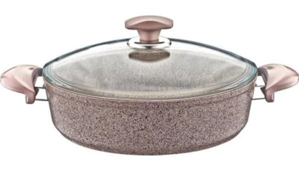 Oms Collection 3310 Cam Kapaklı Granit 28 cm Karnıyarık Tencere Kahverengi
