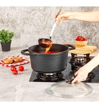 Kahramanlar Motto Cam Kapaklı Döküm-Granit 20 cm Derin Tencere