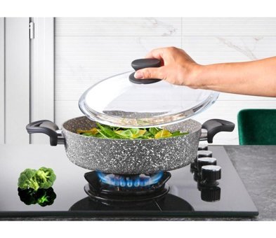 Lavonni Cam Kapaklı Granit 24 cm Basık Tencere Gri