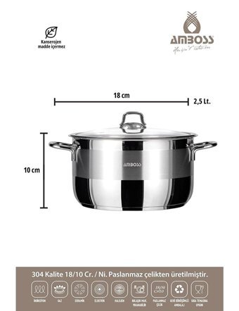 Amboss Saphire Cam Kapaklı Paslanmaz Çelik 18x10 cm Derin Tencere