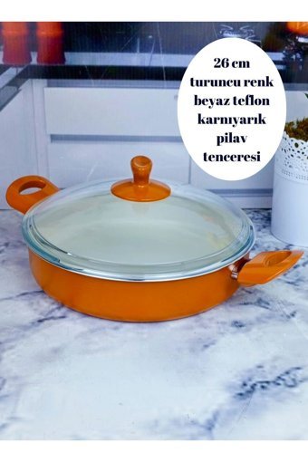 Papilla Cam Kapaklı Teflon 26 cm Karnıyarık Tencere Turuncu