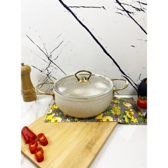 Evita Eco Gold Cam Kapaklı Granit 20 cm Derin Tencere Krem