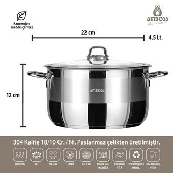 Amboss Saphire Cam Kapaklı Paslanmaz Çelik 22 cm Derin Tencere