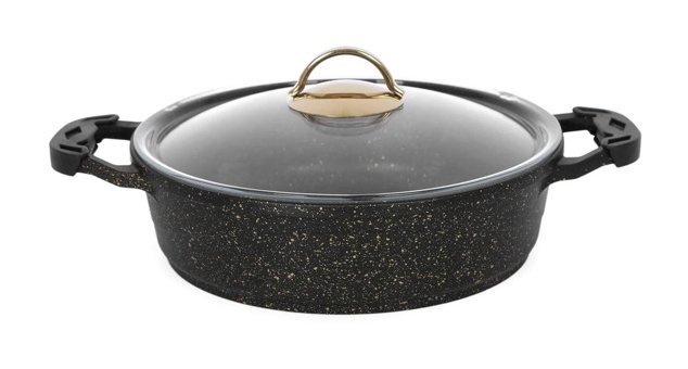 Alkar Hanımeli Cam Kapaklı Döküm-Granit 24 cm Basık Tencere Gold