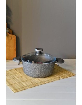 Oms Collection Cam Kapaklı Granit 22 cm Derin Tencere Gri