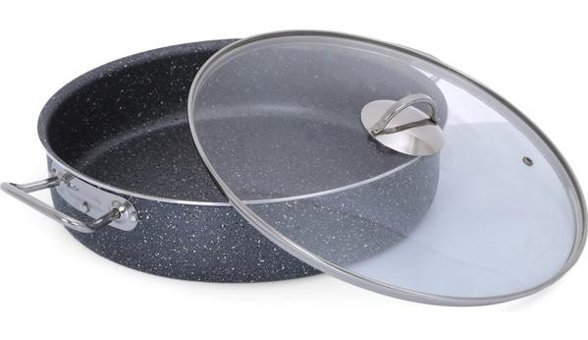 Alkar Endüstriyel Cam Kapaklı Döküm-Granit 38 cm Basık Tencere