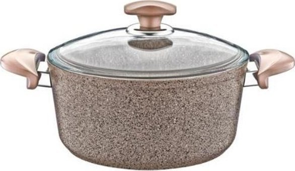 Oms Collection Cam Kapaklı Granit 22 cm Derin Tencere Kahverengi