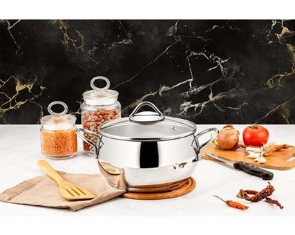 Evimsaray Şevval Cam Kapaklı Çelik 26 cm Derin Tencere