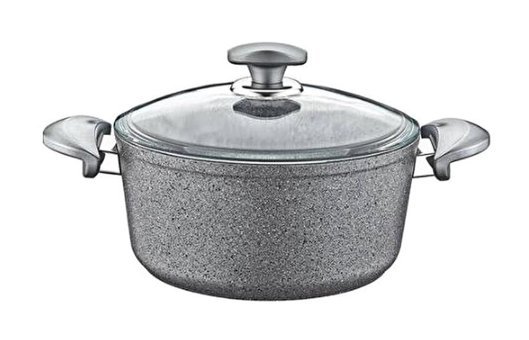 Oms Collection Cam Kapaklı Granit 18 cm Derin Tencere Gri