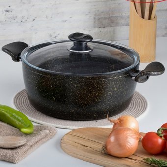 Evren Gold Stone Cam Kapaklı Granit 24 cm Derin Tencere