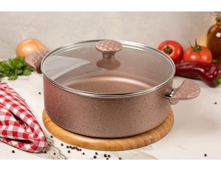 Meşeler Cam Kapaklı Granit 28 cm Derin Tencere Krem