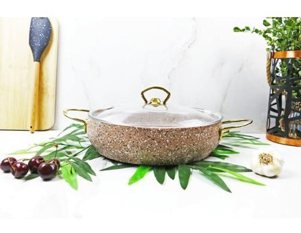Evita Eco Gold Cam Kapaklı Granit 26 cm Basık Tencere
