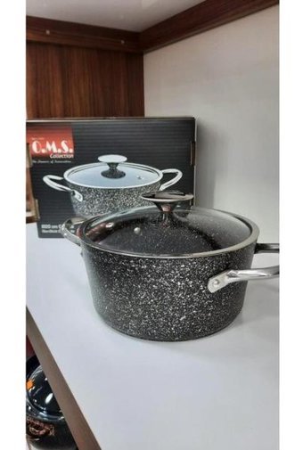 Oms Collection Cam Kapaklı Granit 24 cm Derin Tencere Siyah