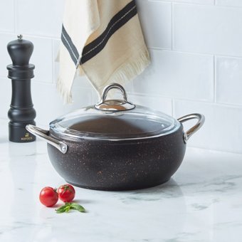 Karaca Avanos Black Gold Cam Kapaklı Granit 24 cm Derin Tencere