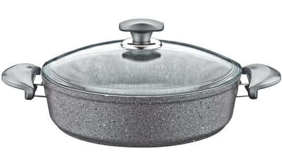 Oms Collection 514995 Cam Kapaklı Granit 32 cm Basık Tencere Gri
