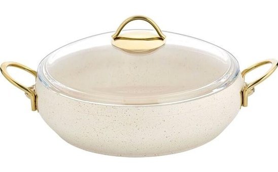 Lavonni Cam Kapaklı Granit 26 cm Basık Tencere Krem