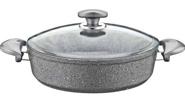 Oms Collection 3310 Cam Kapaklı Granit 32 cm Karnıyarık Tencere Gri