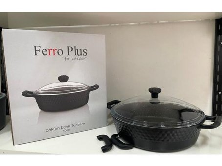 Ferro Plus Cam Kapaklı Döküm-Granit 30 cm Karnıyarık Tencere