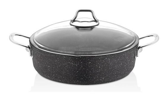 Falez Black Line Cam Kapaklı Granit 28 cm Basık Tencere