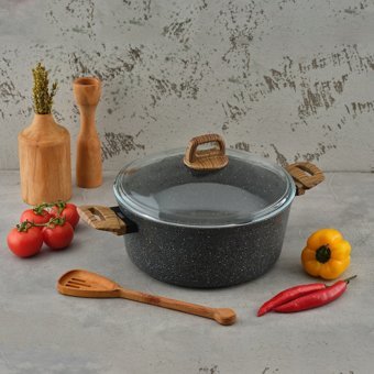 Leydi Marble Natura Cam Kapaklı Granit 28 cm Derin Tencere