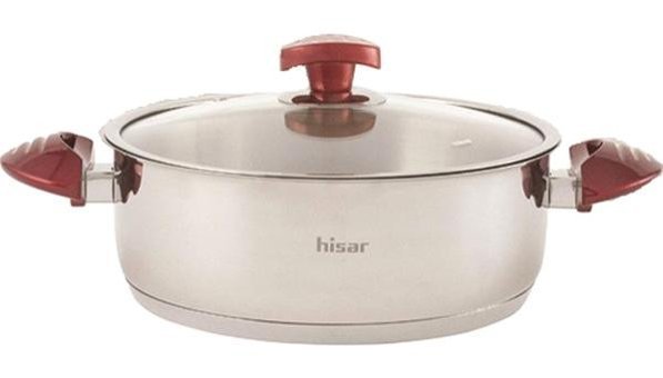 Hisar Lizbon Ideal Cam Kapaklı Çelik 24 cm Basık Tencere Kırmızı