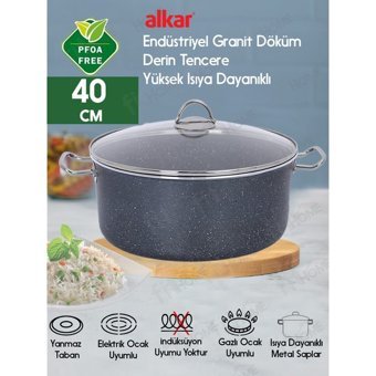 Fithome Endüstriyel Cam Kapaklı Döküm-Granit 40 cm Derin Tencere