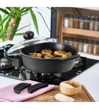 Kahramanlar Motto 7944 Cam Kapaklı Döküm-Granit 26 cm Basık Tencere