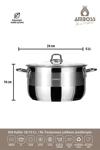 Amboss Saphire Cam Kapaklı Paslanmaz Çelik 24 cm Derin Tencere