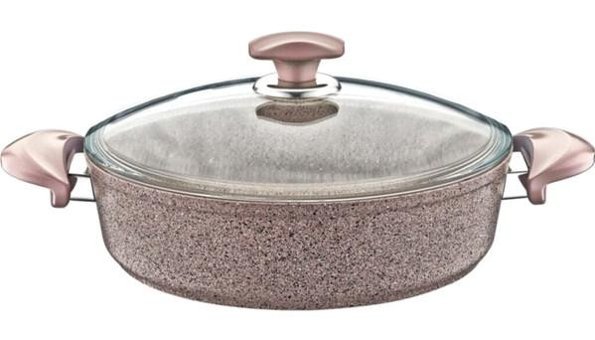 Oms Collection 3310 Cam Kapaklı Granit 26 cm Karnıyarık Tencere Pembe