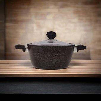 Emsan Alfa Cam Kapaklı Granit 24 cm Derin Tencere