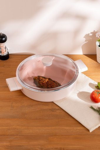 Emsan Swiss Crystal Cam Kapaklı Granit 22 cm Karnıyarık Tencere Pembe