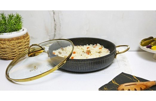 Evita İstiridye Gold İndüksiyon Cam Kapaklı Granit 28 cm Basık Tencere