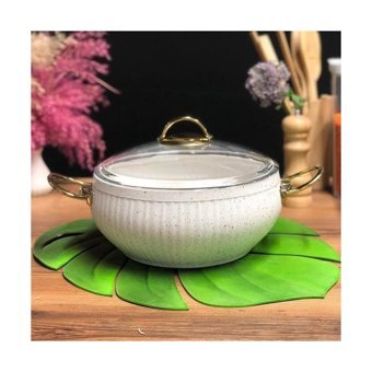 Lines Gold Cam Kapaklı Granit 28 cm Derin Tencere Beyaz