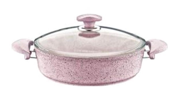 Oms Collection 514995 Cam Kapaklı Granit 30 cm Basık Tencere Pembe