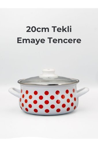Bonera Puantiyeli Cam Kapaklı Emaye 20 cm Derin Tencere