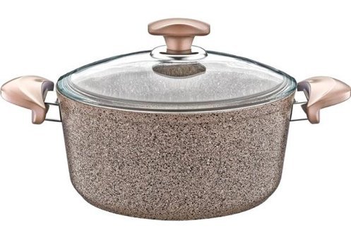 Oms Collection Cam Kapaklı Granit 20 cm Derin Tencere Kahverengi