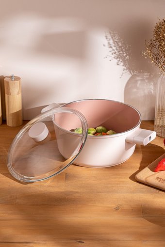 Emsan Swiss Crystal Cam Kapaklı Granit 20 cm Derin Tencere Pembe