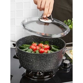 Falez Black Line Cam Kapaklı Granit 24 cm Derin Tencere