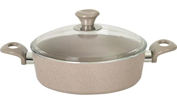 Mehtap Stone Cam Kapaklı Granit 28 cm Karnıyarık Tencere Krem