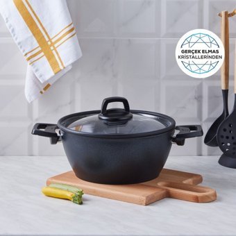 Karaca Biodiamond Powerful Cam Kapaklı Granit 24 cm Derin Tencere