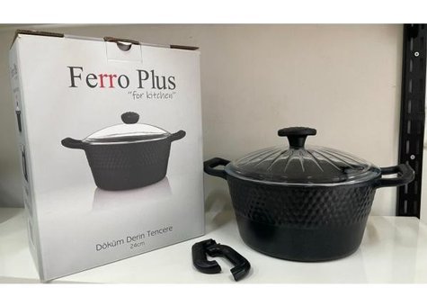 Ferro Plus Cam Kapaklı Döküm-Granit 24 cm Derin Tencere